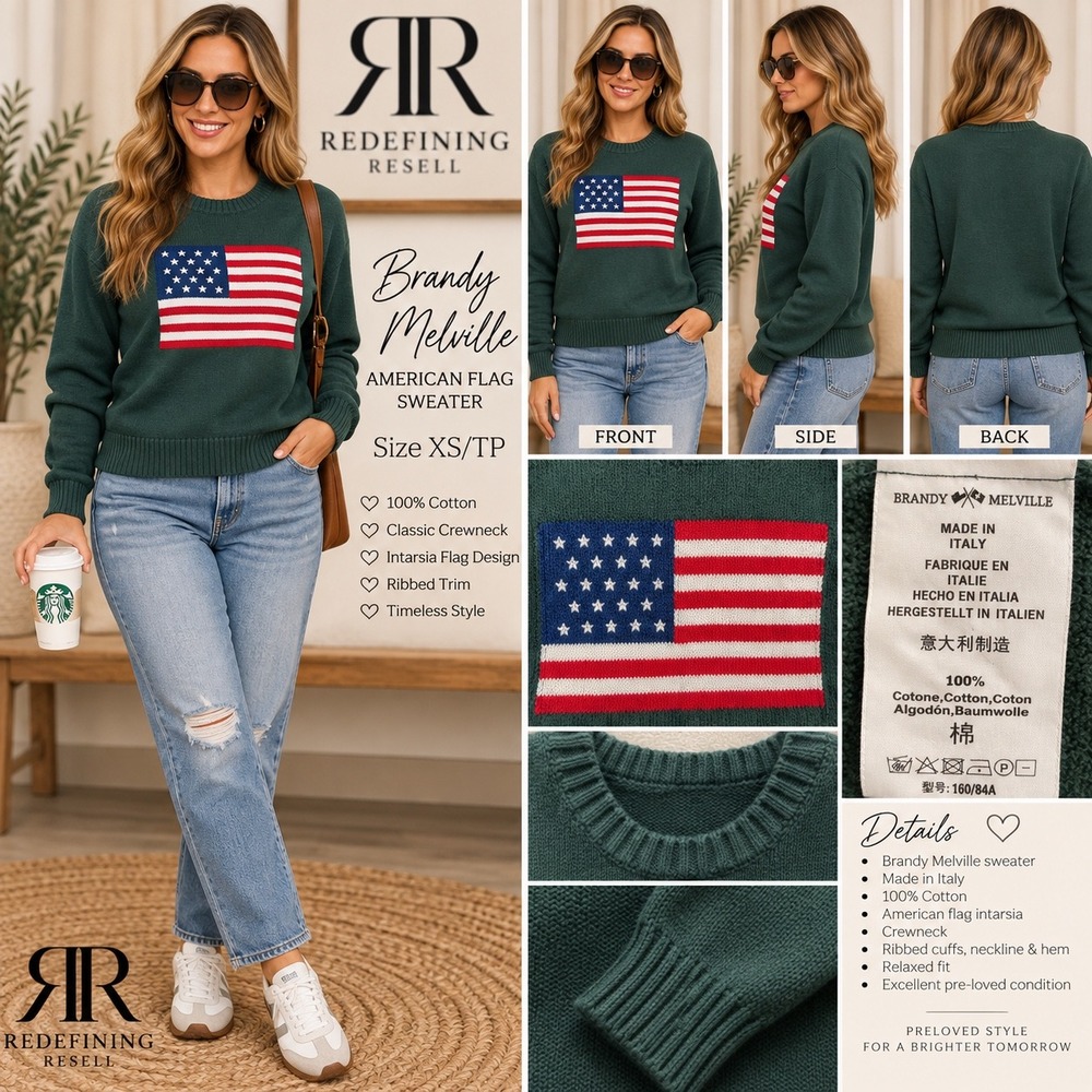 Brandy Melville American Flag Sweater Forest Green Cotton Crewneck Italy XS TP